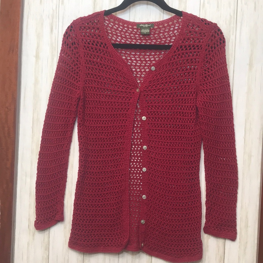 Eddie Bauer Dark red open weave sweater cardigan